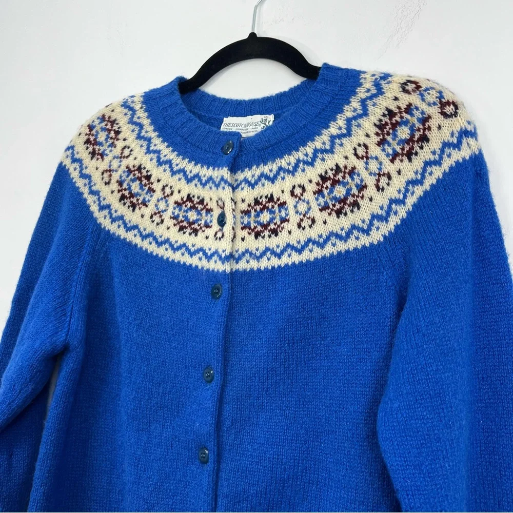 Vintage 70s 80s pure Shetland wool blue fair isle old money cardigan sweater - Picture 8 of 11